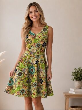 Floral V-Neck Fit & Flare Mini Dress in Green